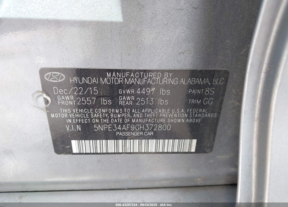 2016 HYUNDAI SONATA VIN: 5NPE34AF9GH372800