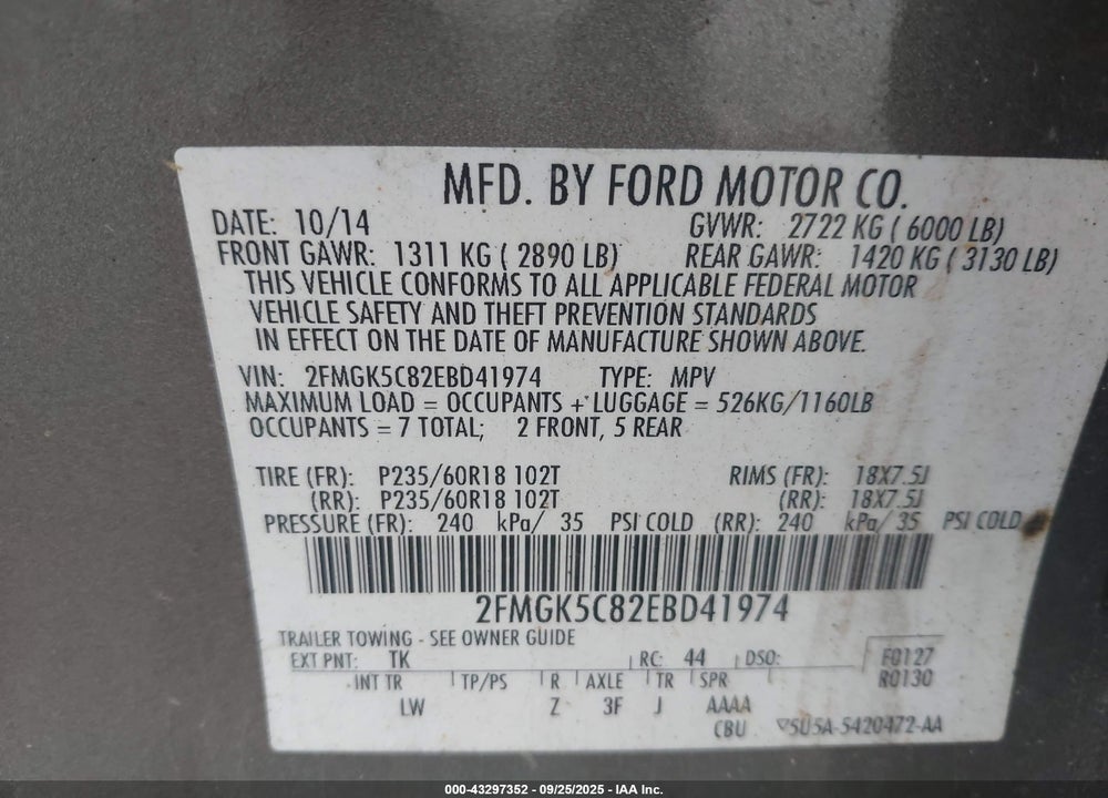 2014 FORD FLEX VIN: 2FMGK5C82EBD41974
