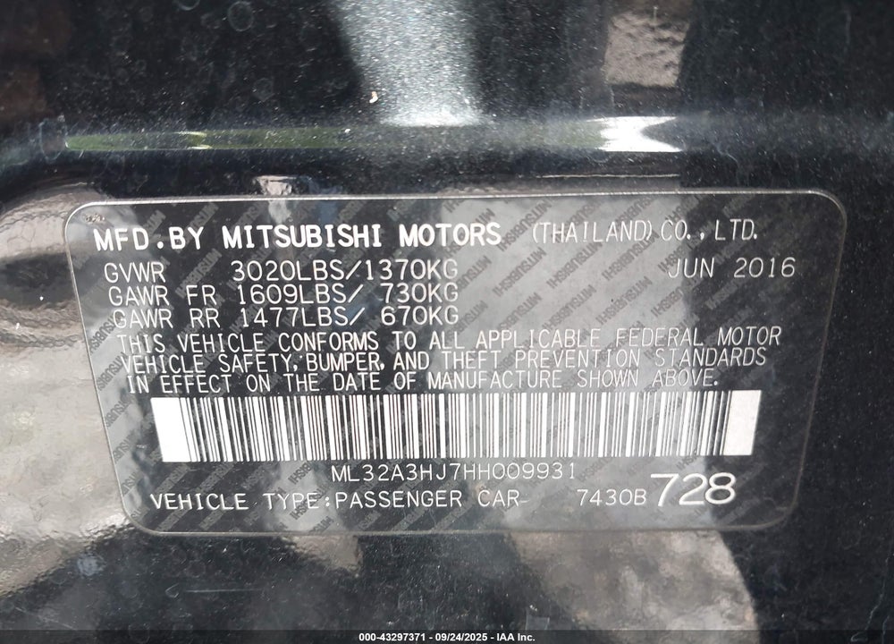 2017 MITSUBISHI MIRAGE ES VIN: ML32A3HJ7HH009931