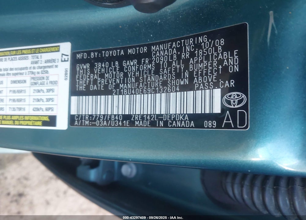 2009 TOYOTA COROLLA VIN: 2T1BU40E69C132604