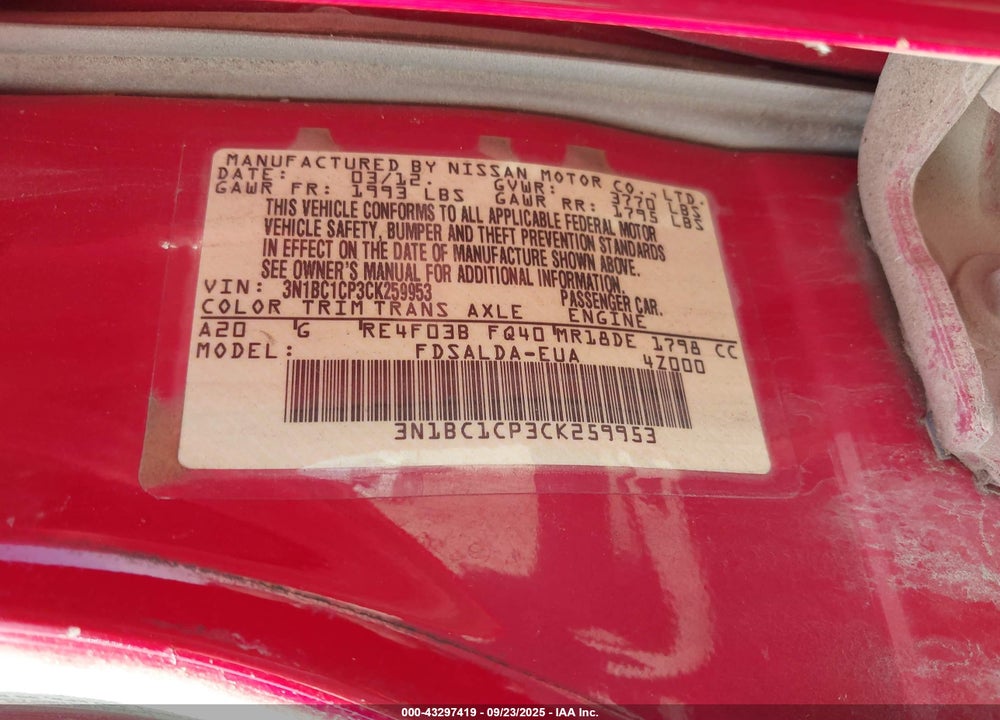 2012 NISSAN VERSA 1.8 S VIN: 3N1BC1CP3CK259953