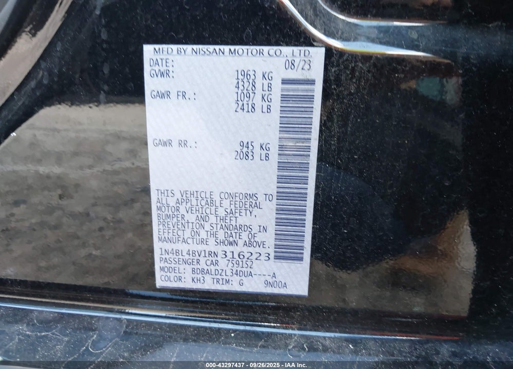 2024 NISSAN ALTIMA S FWD VIN: 1N4BL4BV1RN316223