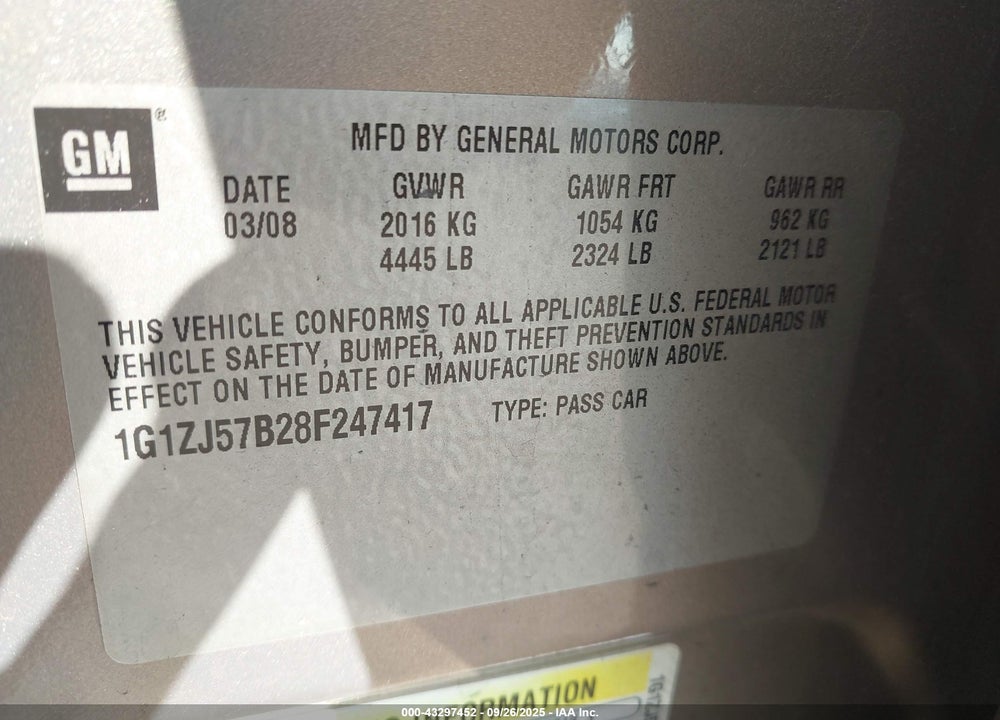 2008 CHEVROLET MALIBU LT VIN: 1G1ZJ57B28F247417