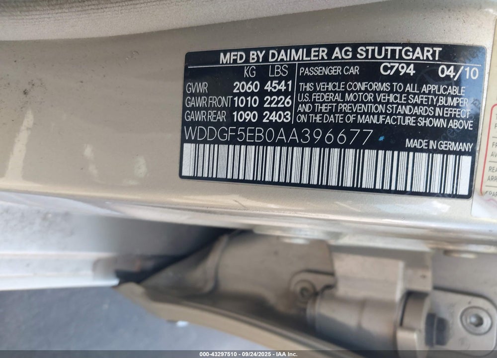 2010 MERCEDES-BENZ C CLASS VIN: WDDGF5EB0AA396677