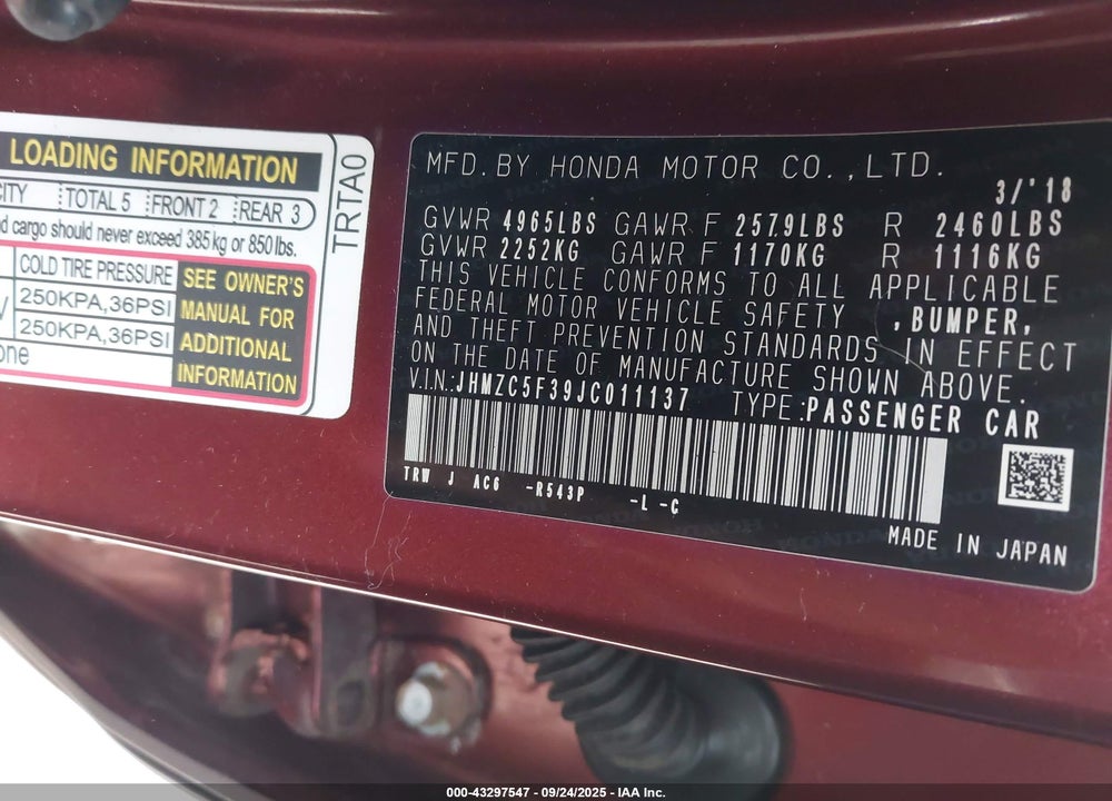 2018 HONDA CLARITY PLUG-IN HYBRID VIN: JHMZC5F39JC011137