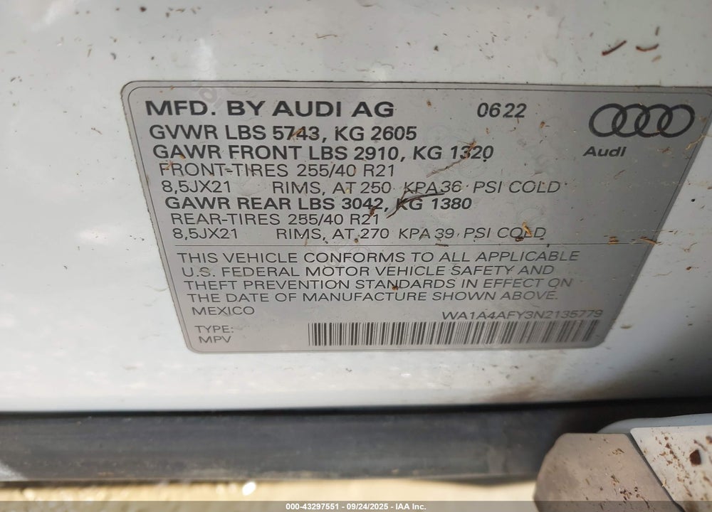 2022 AUDI SQ5 PREMIUM TFSI QUATTRO TIPTRONIC VIN: WA1A4AFY3N2135779