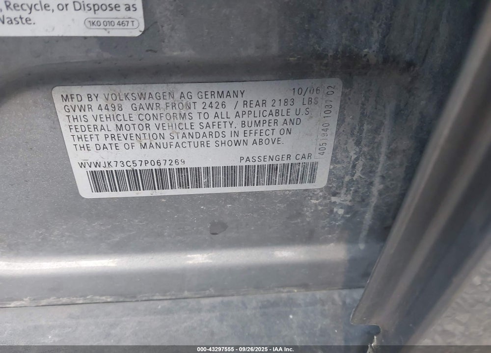 2007 VOLKSWAGEN PASSAT VIN: WVWJK73C57P067269