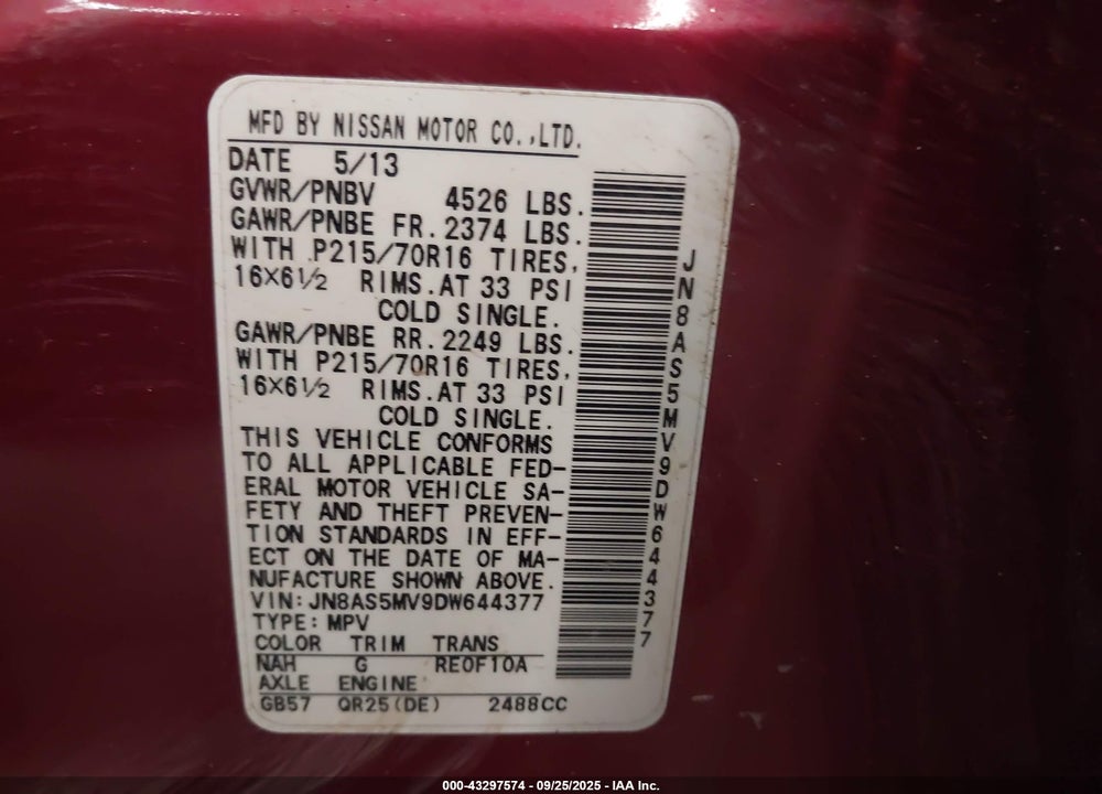 2013 NISSAN ROGUE SPORT VIN: JN8AS5MV9DW644377