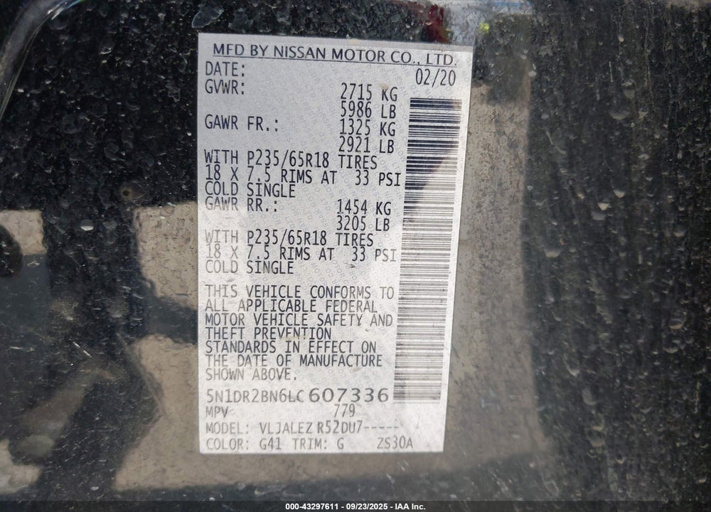2020 NISSAN PATHFINDER VIN: 5N1DR2BN6LC607336