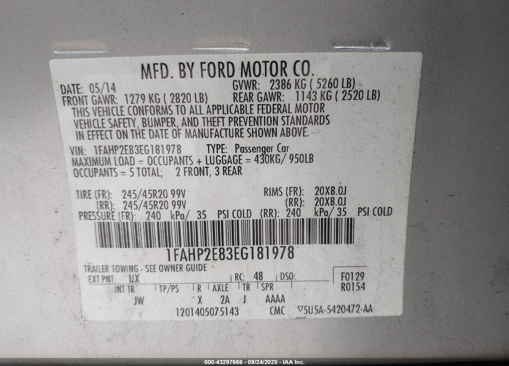 2014 FORD TAURUS SEL VIN: 1FAHP2E83EG181978