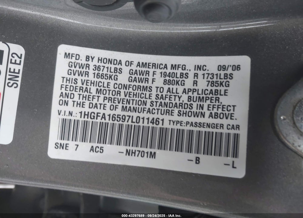 2007 HONDA CIVIC LX VIN: 1HGFA16597L011461