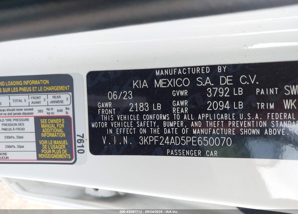 2023 KIA FORTE LXS VIN: 3KPF24AD5PE650070