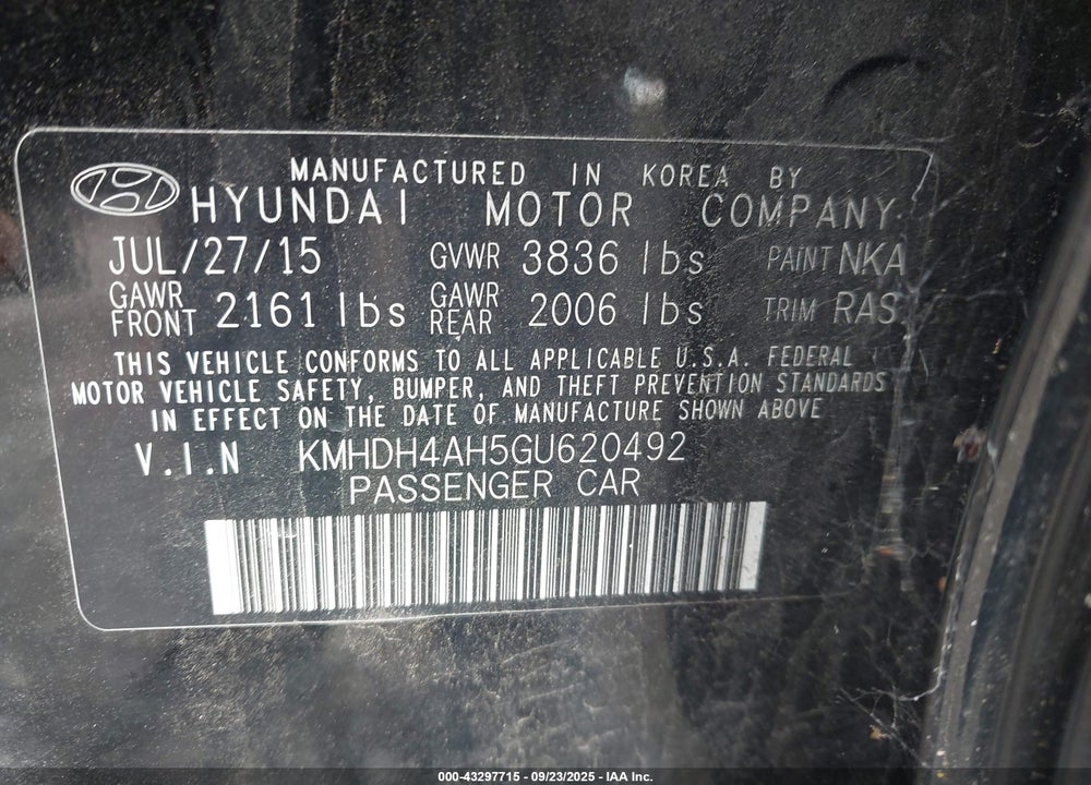 2016 HYUNDAI ELANTRA VIN: KMHDH4AH5GU620492