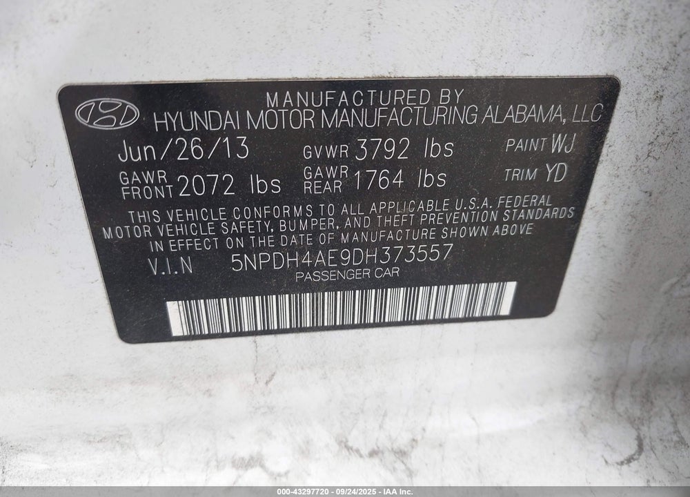 2013 HYUNDAI ELANTRA GLS VIN: 5NPDH4AE9DH373557