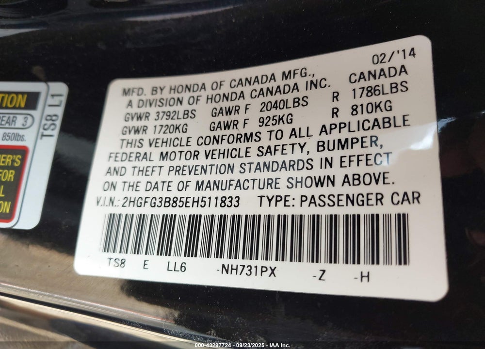 2014 HONDA CIVIC EX VIN: 2HGFG3B85EH511833
