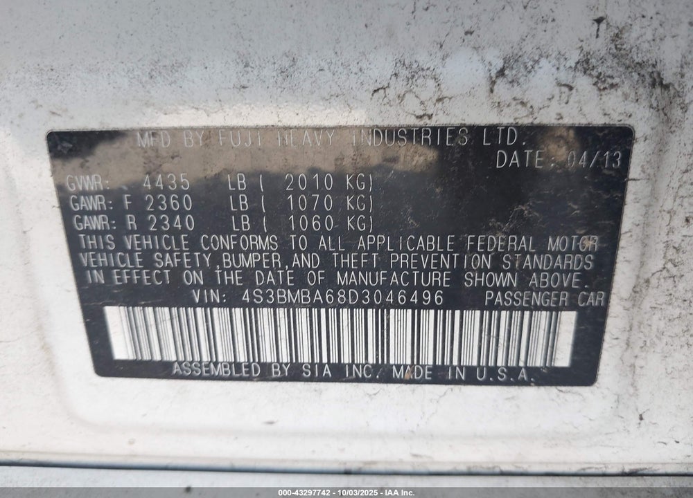 2013 SUBARU LEGACY 2.5I VIN: 4S3BMBA68D3046496