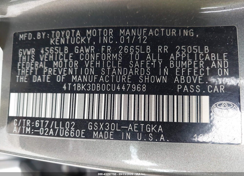 2012 TOYOTA AVALON VIN: 4T1BK3DB0CU447968