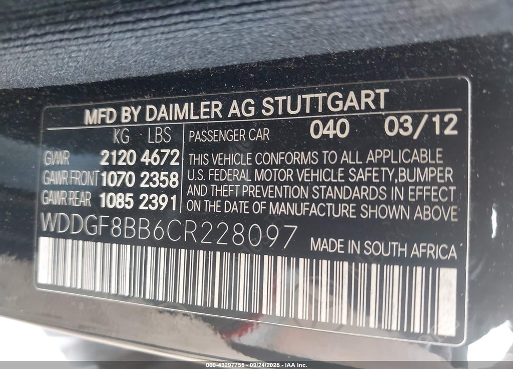 2012 MERCEDES-BENZ C 300 LUXURY 4MATIC VIN: WDDGF8BB6CR228097