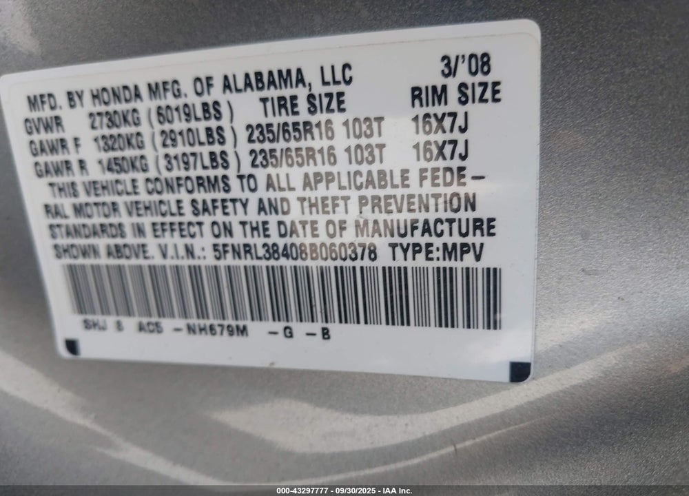 2008 HONDA ODYSSEY EX VIN: 5FNRL38408B060378