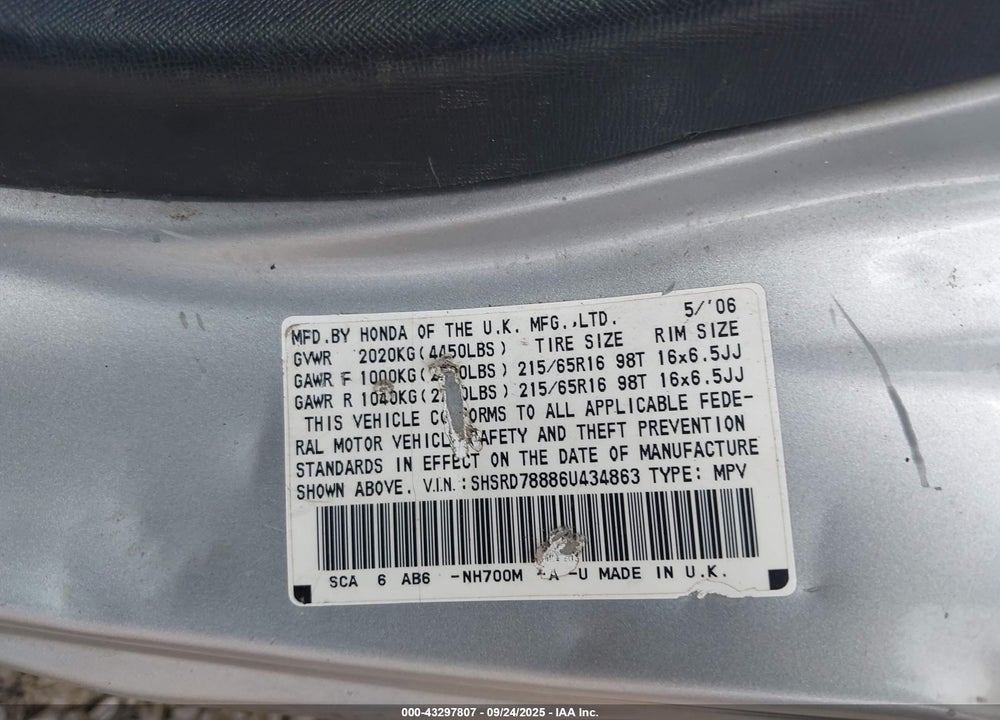 2006 HONDA CR-V VIN: SHSRD78886U434863