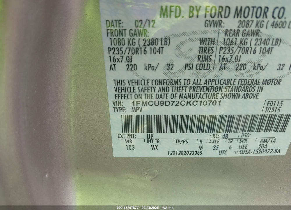 2012 FORD ESCAPE VIN: 1FMCU9D72CKC10701