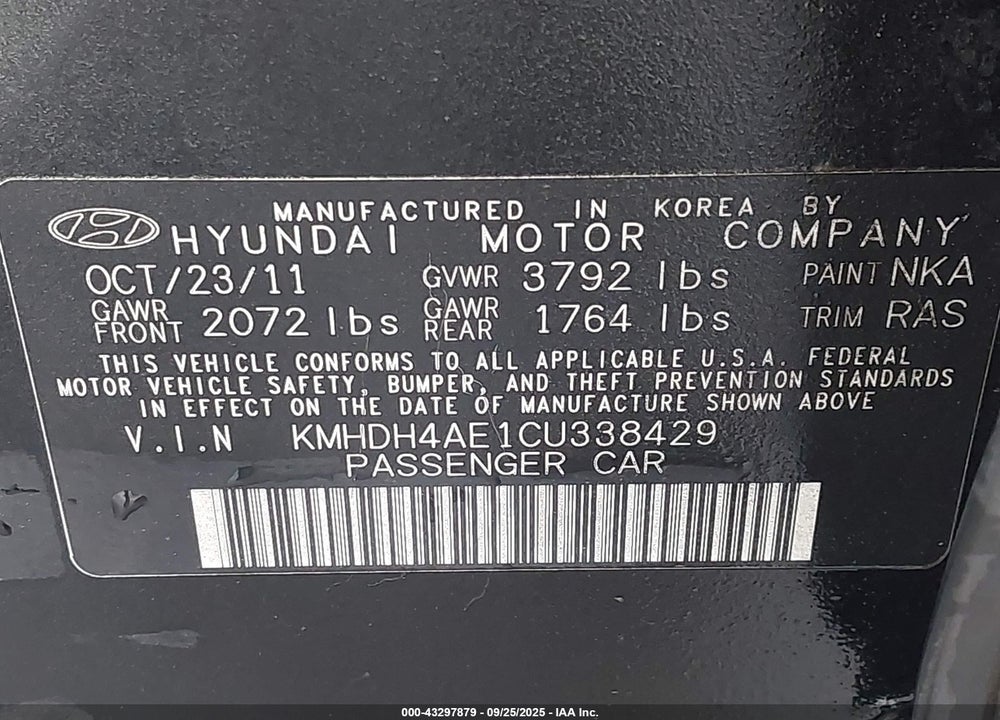 2012 HYUNDAI ELANTRA VIN: KMHDH4AE1CU338429