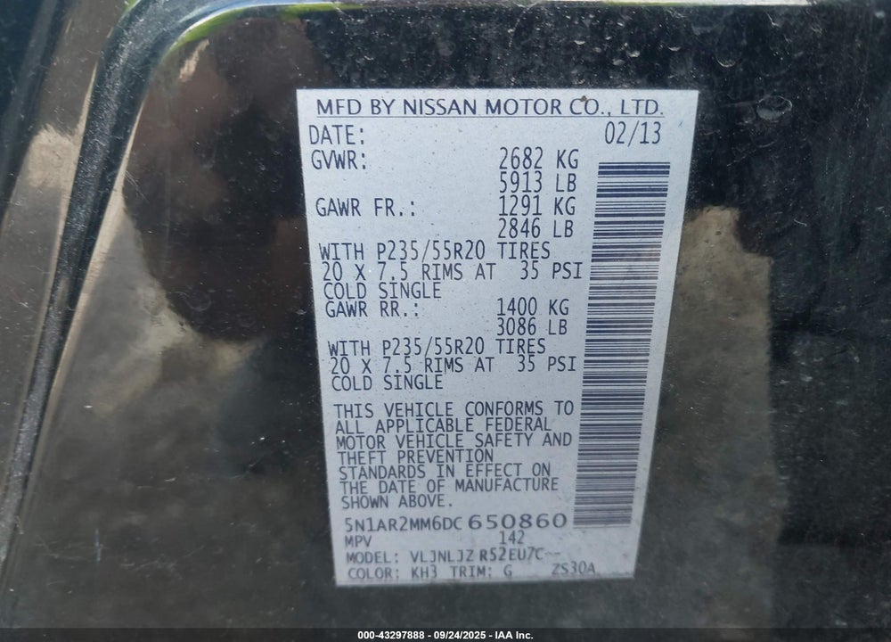 2013 NISSAN PATHFINDER VIN: 5N1AR2MM6DC650860