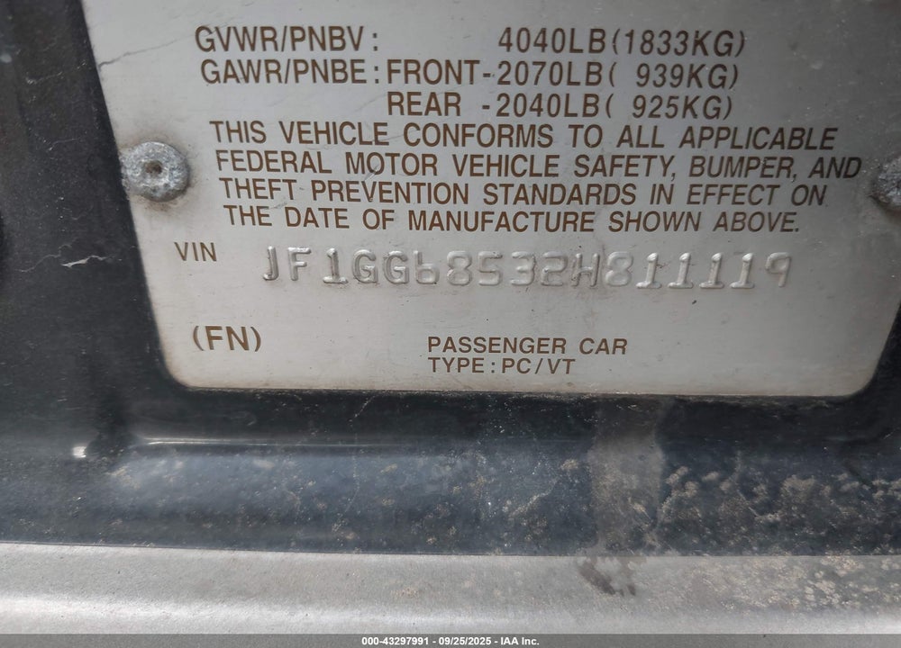 2002 SUBARU IMPREZA OUTBACK SPORT VIN: JF1GG68532H811119