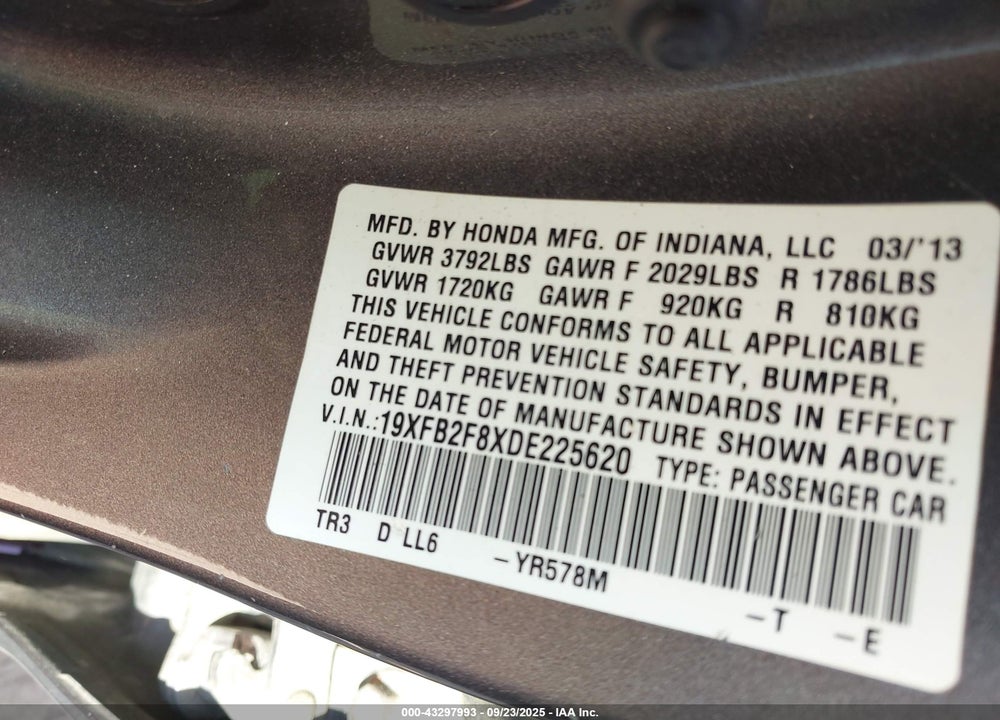 2013 HONDA CIVIC EX VIN: 19XFB2F8XDE225620