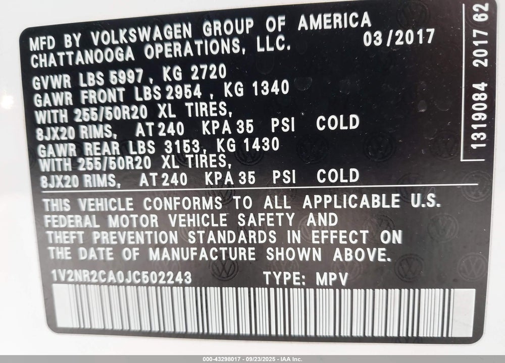 2018 VOLKSWAGEN ATLAS VIN: 1V2NR2CA0JC502243