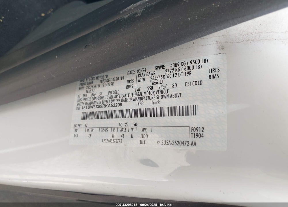 2024 FORD TRANSIT-350 VIN: 1FTBW3X89RKA53298