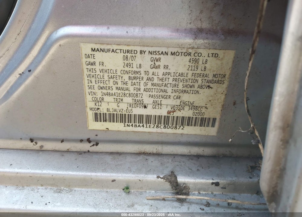 2008 NISSAN MAXIMA VIN: 1N4BA41E28C800872