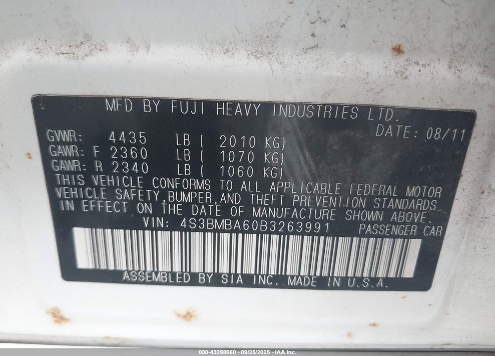 2011 SUBARU LEGACY 2.5I VIN: 4S3BMBA60B3263991
