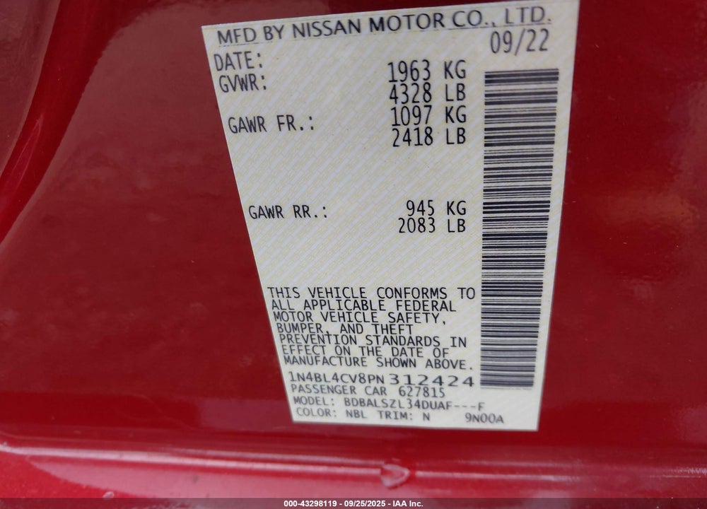2023 NISSAN ALTIMA VIN: 1N4BL4CV8PN312424