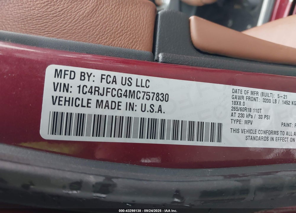 2021 JEEP GRAND CHEROKEE OVERLAND 4X4 VIN: 1C4RJFCG4MC757830