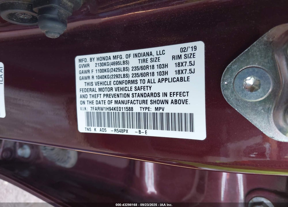 2019 HONDA CR-V VIN: 7FARW1H94KE011588