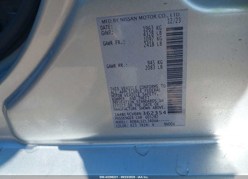 2024 NISSAN ALTIMA SR FWD VIN: 1N4BL4CV6RN362354