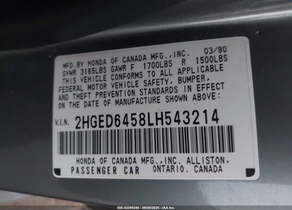 1990 HONDA CIVIC DX VIN: 2HGED6458LH543214