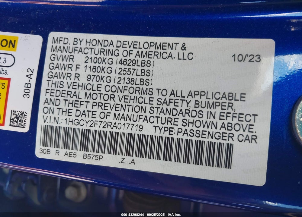 2024 HONDA ACCORD VIN: 1HGCY2F72RA017719