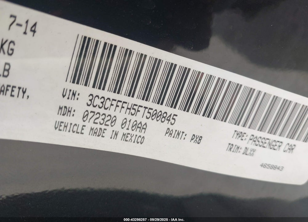 2015 FIAT 500 VIN: 3C3CFFFH5FT500845
