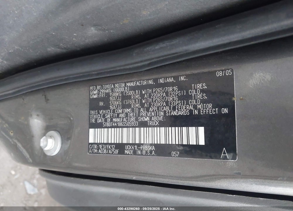 2006 TOYOTA TUNDRA VIN: 5TBDT44186S505933