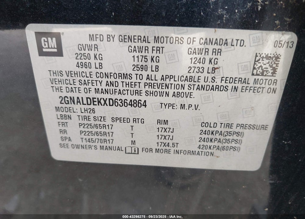 2013 CHEVROLET EQUINOX 1LT VIN: 2GNALDEKXD6364864