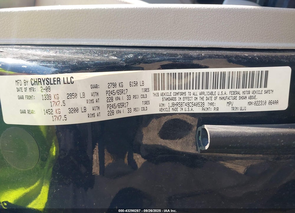 2009 JEEP GRAND CHEROKEE VIN: 1J8HR58T49C540539