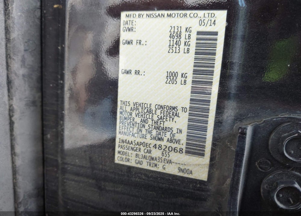 2014 NISSAN MAXIMA VIN: 1N4AA5AP0EC482068