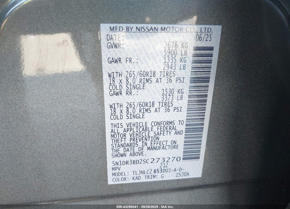 2025 NISSAN PATHFINDER VIN: 5N1DR3BD2SC273270