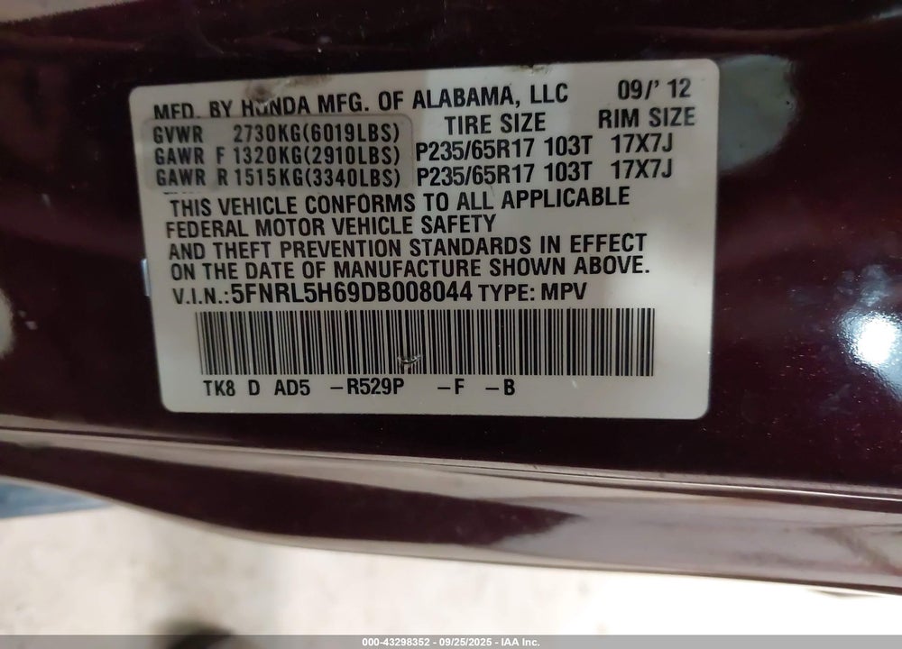 2013 HONDA ODYSSEY EX-L VIN: 5FNRL5H69DB008044