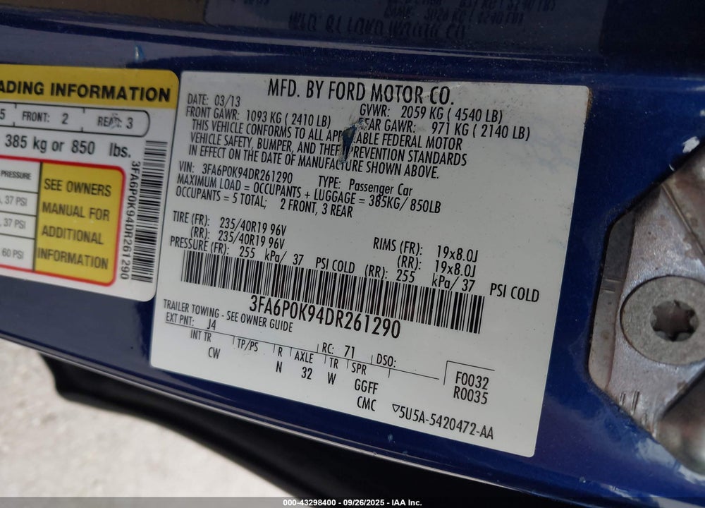 2013 FORD FUSION VIN: 3FA6P0K94DR261290