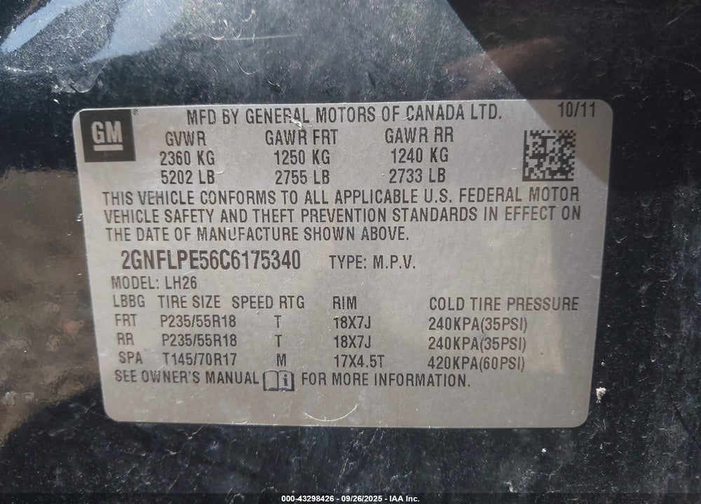 2012 CHEVROLET EQUINOX VIN: 2GNFLPE56C6175340