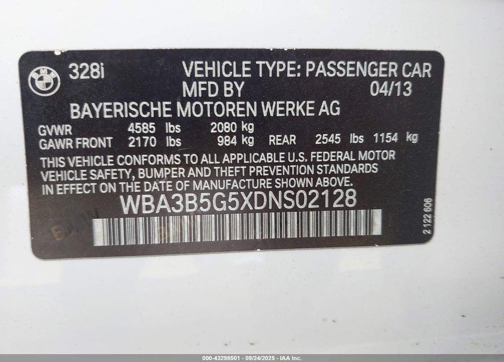 2013 BMW 3 SERIES VIN: WBA3B5G5XDNS02128