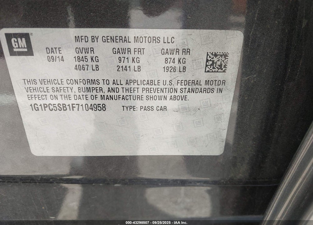 2015 CHEVROLET CRUZE VIN: 1G1PC5SB1F7104958